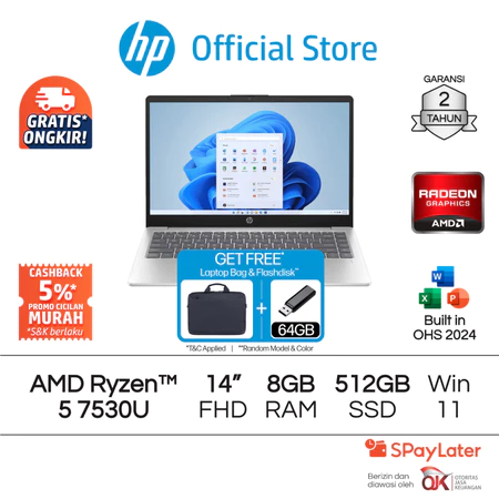 Laptop HP AMD Ryzen 5 Radeon 8GB RAM 512GB SSD Silver / Gold Windows 11 Home 14 Inch Garansi 2 Tahun Promo Murah HP Official Store