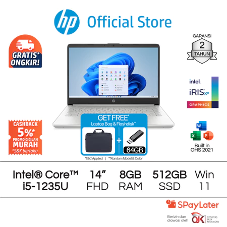 Laptop HP Intel Core i5 8GB / 16GB RAM 256GB / 512GB SSD Silver Windows 11 Home 14 Inch Gen 12 Garansi 2 Tahun Promo Murah HP Official Store