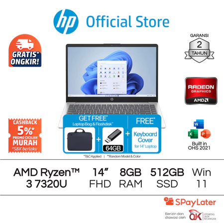 Laptop HP AMD Ryzen 3 Radeon 8GB RAM 256GB / 512GB SSD Gold / Silver Windows 11 Home 14 Inch Garansi 2 Tahun Promo Murah HP Official Store