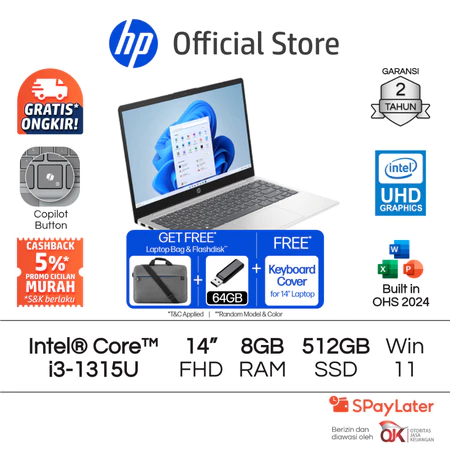 Laptop HP Intel Core i3 UHD 4GB / 8GB RAM 512GB SSD Blue / Gold / Silver Windows 11 Home 14 Inch Gen 12 Garansi 2 Tahun Promo Murah HP Official Store