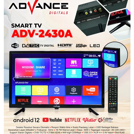 Advance ADV-2430A Smart Televisi Android TV LED 24 inch HD Support Siaran Digital DV3 T2/C Garansi Resmi 1 Tahun Advance Official Store
