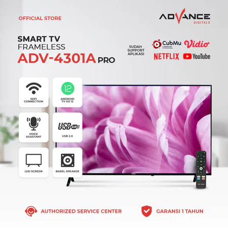 Advance ADV-4301A PRO Smart Televisi Frameless - Android TV 12 HD Panel LG Tanpa STB DV3 T2 Garansi Resmi 1 Tahun Advance Official Store