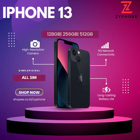 iPHONE 13 128GB 256GB 512GB Second BEKAS ORIGINAL 100% MULUS 13 NORMAL FULLSET Bergaransi Cocok Buat Tiktok Shopee Video Live Streaming Zyphone Iphone Store