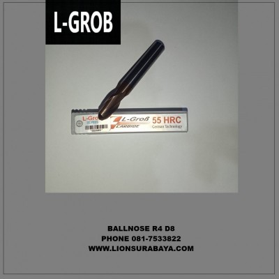 Jual Carbide Ballnose 2 Flute Diameter 8mm Radius 4mm Panjang 60mm HRC55 Merk L-Grob
