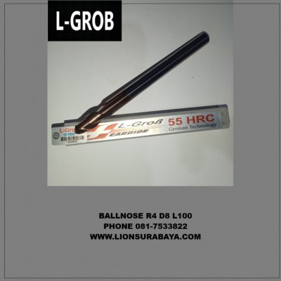 Jual Ballnose Carbide 2 flute Diameter 8mm Radius 4mm HRC55 Panjang 100mm merk L-Grob