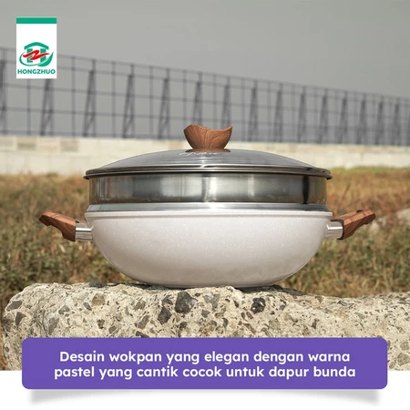 Tifale Hongzhuo [2IN1] Wokpan + Glass Lid Panci Kukus 32 CM White Dandang Steamer Anti Lengket Hongzhuo Official Shop