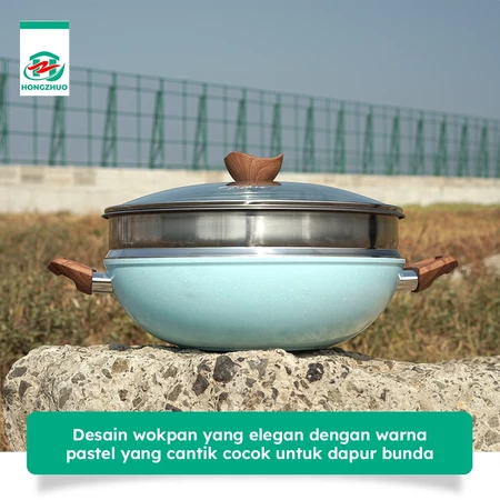 Tifale Hongzhuo [2IN1] Wokpan 32CM + Glass Lid + Granite Steamer Non Stick / Alat Masak Wok dengan Panci Kukus Granite Anti Lengket Hongzhuo Official Shop