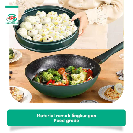 Hongzhuo 3IN1 Emerald Green Wajan Batu Medis dengan Steamer 32 CM Anti Lengket Hijau Premium Panci Kukus Serba Guna 32cm Anti Lengket Hongzhuo Official Shop