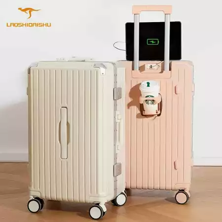 Laoshidaishu koper kabin USB charger 20 Inch koper TSA lock new design stand CUP holder rangka aluminium bagasi 24 Inch Laoshidaishu Official Store