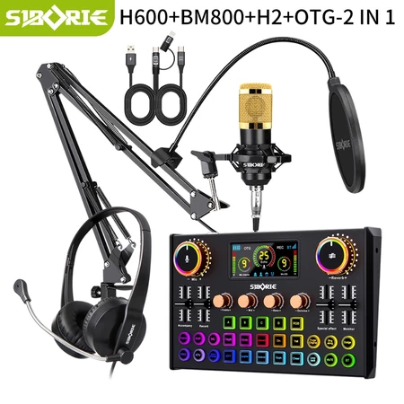Siborie Soundcard H600+BM800 Mic+H2 Headphone+OTG-2 IN 1 Paket Lengkap Sound Card Komplit For Live Streaming Media Siborie Official Store