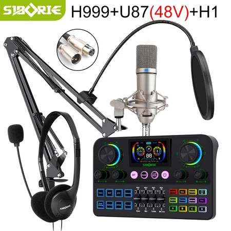 Siborie 48V Sound Card H999+U87-48V Mic+H1 Headphone Full Set Paket Recording Lengkap Satu Set Dudukan Lengkap Gratis Siborie Official Store