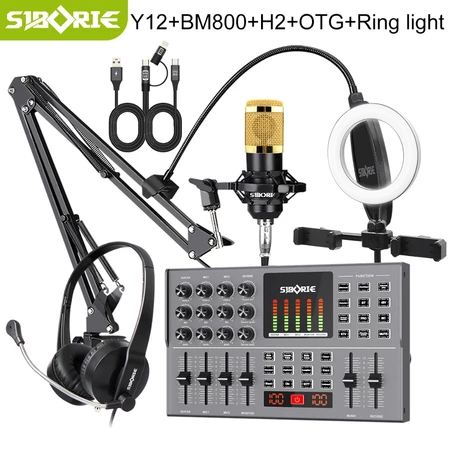 Siborie (Free OTG-2IN1) Y12 Soundcard+BM800 Mic+H2 Headphone+Ring light+OTG-2IN1 Paket Komplit Full Set Paket Recording Siborie Official Store