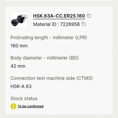 DORMER PRAMET HSK63A-CC-ER25-160